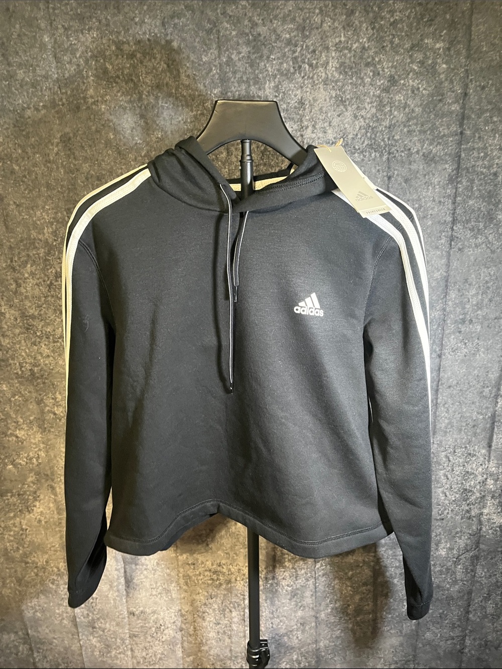 adidas Black Hooded Crewneck with White Shoulder Stripes
